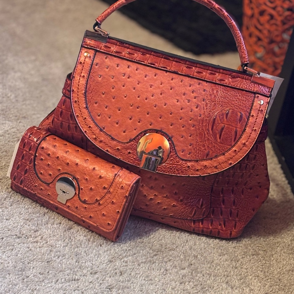 Elegant Orange Handbag and Wallet Set